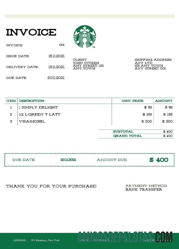 Fatura Starbucks dos EUA(2) amostra